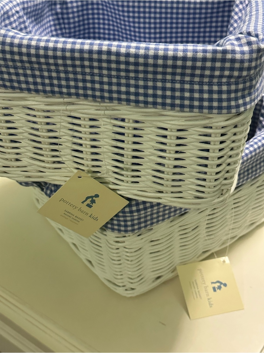 NWT Pottery Barn White Wicker Basket with Blue Gingham Liner Set of 2